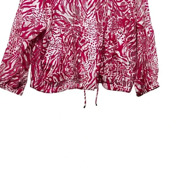 Chicos 3 Womens Sheer Zip Jacket XL Pink White Animal Print Drawstring Boho Chic - Picture 6 of 13